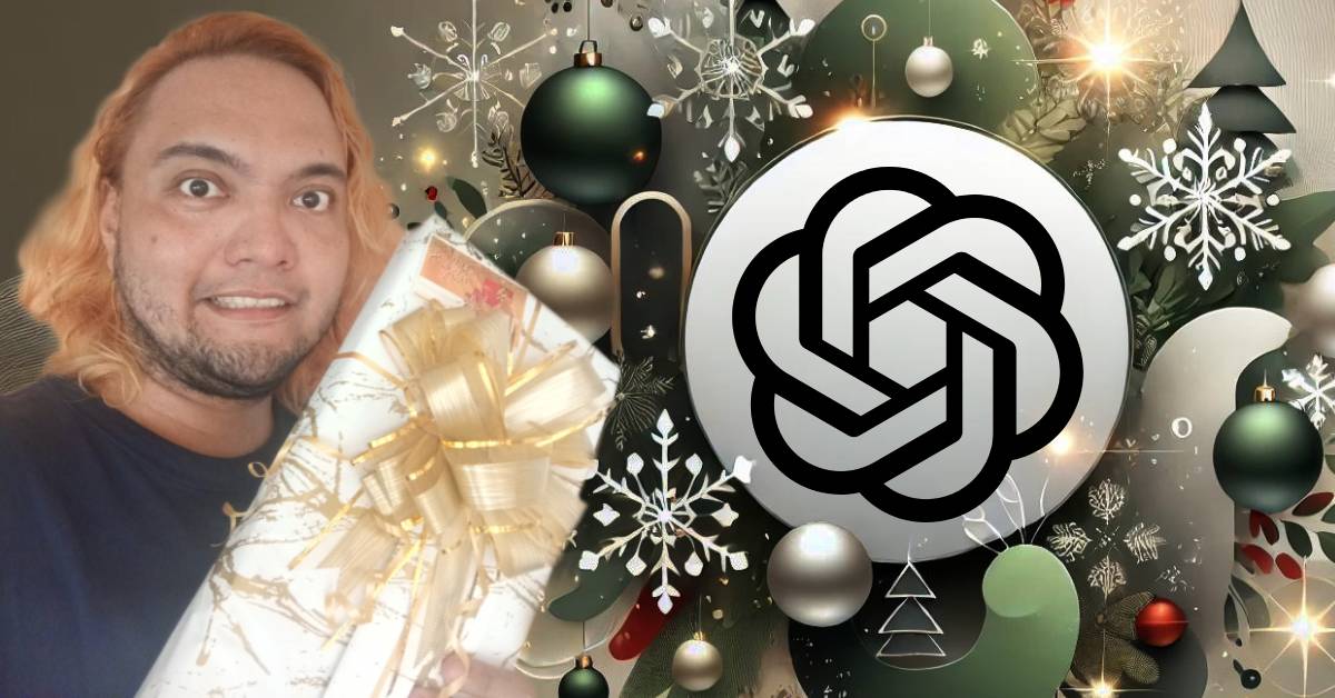 An image of Robin Laviña holding a Christmas gift with a background image generated by ChatGPT and its logo inside a sphere surrounded by Christmas decorations.