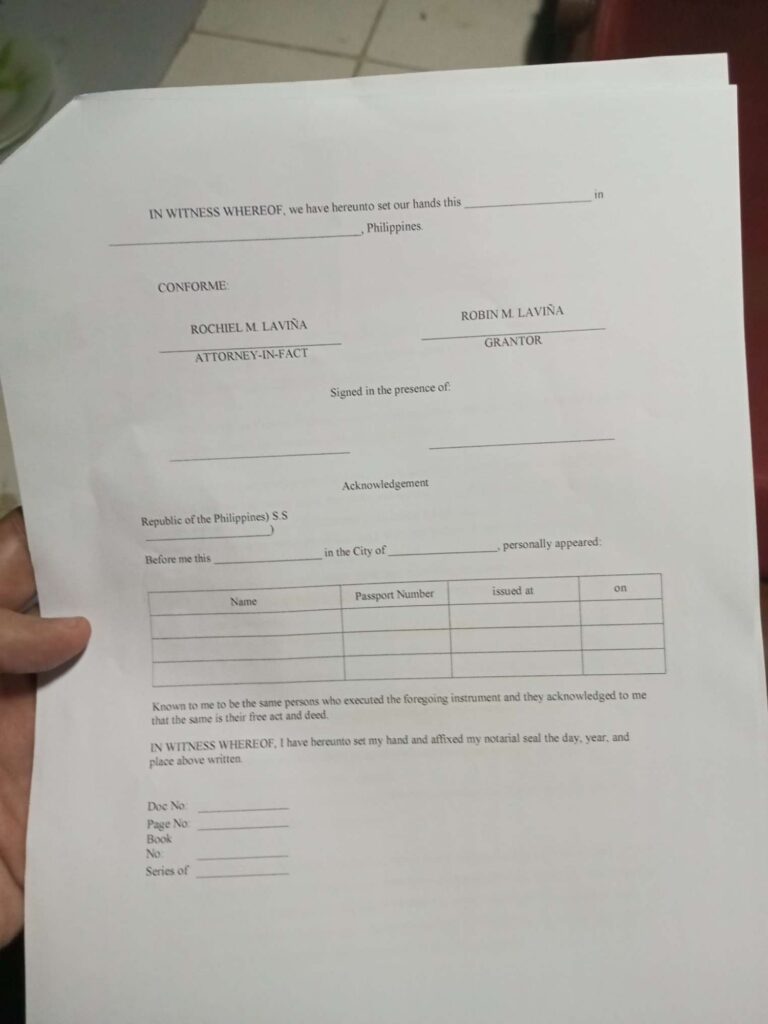Signatures of the grantor and attorney-in-fact in Acknowledgement and Conforme Page.
