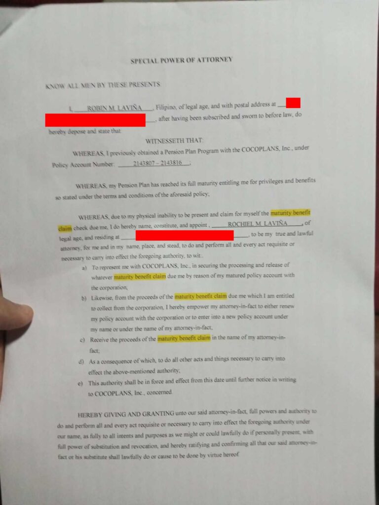 A special power of attorney contract granting the attorney-in-fact to transfer the funds to his name.