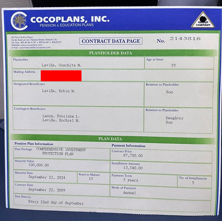 The Comprehensive Investment Protection plan of Cocoplans that my mother Conchita had subscribed that already matured last year 2024.