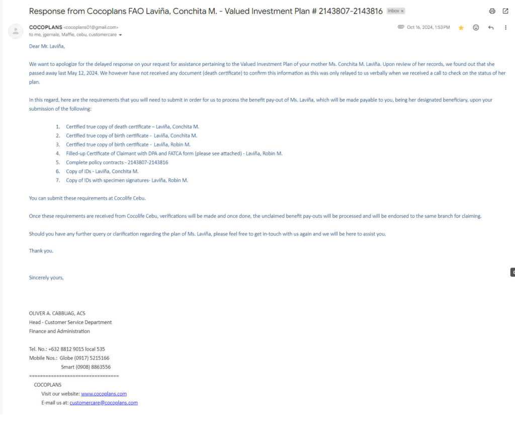 Cocoplans email about claiming my deceased mother's Valued Investment Plan as inheritance.