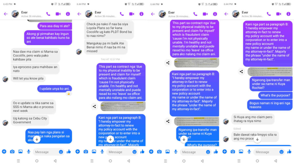 Older sister Facebook messenger chat logs regarding the claims on Cocoplans benefits.