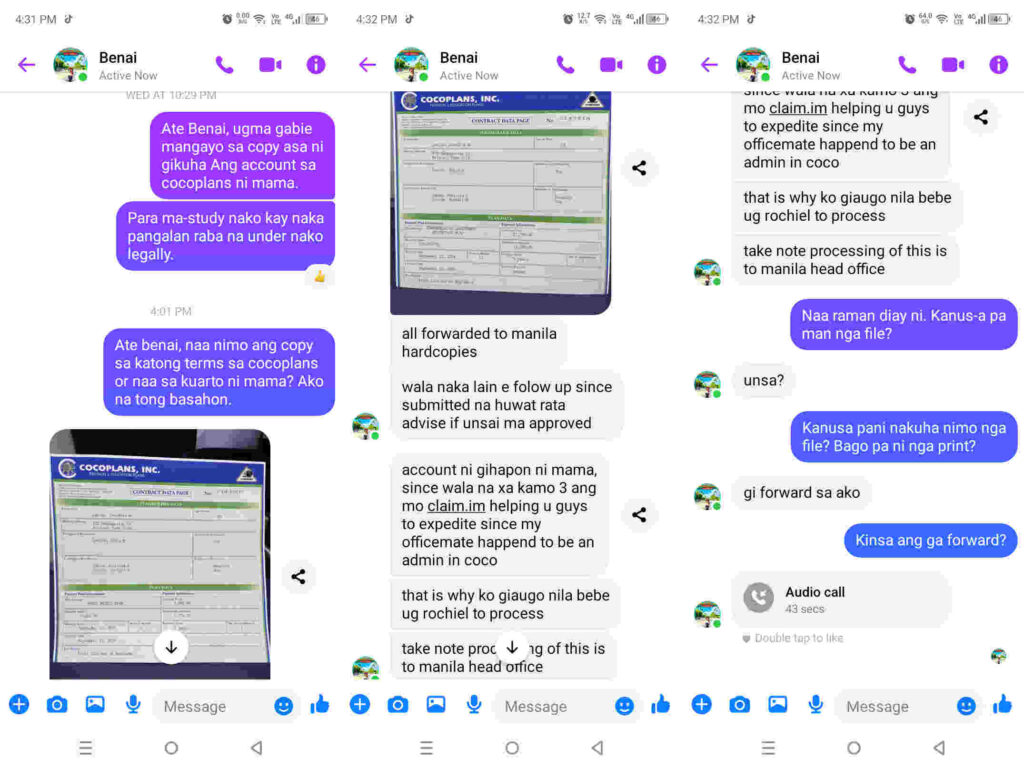 Chat logs in Facebook messenger following up on the Cocoplans benefits claims of my deceased mother.