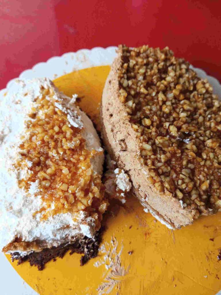 Left is the whipped cream and brownie layers and right is the coffee mousse and mocha chiffon layers both with cashew praline toppings.