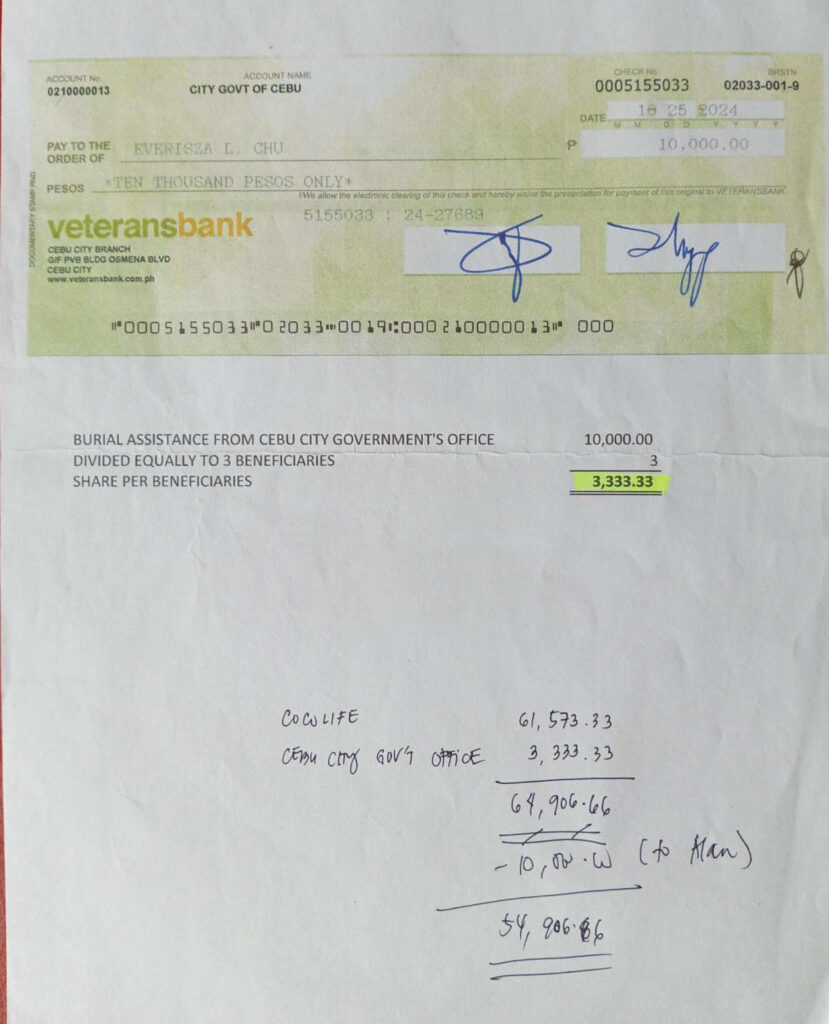 A Cheque from Veterans Bank as Burial Assistance from Cebu City Government Office.
