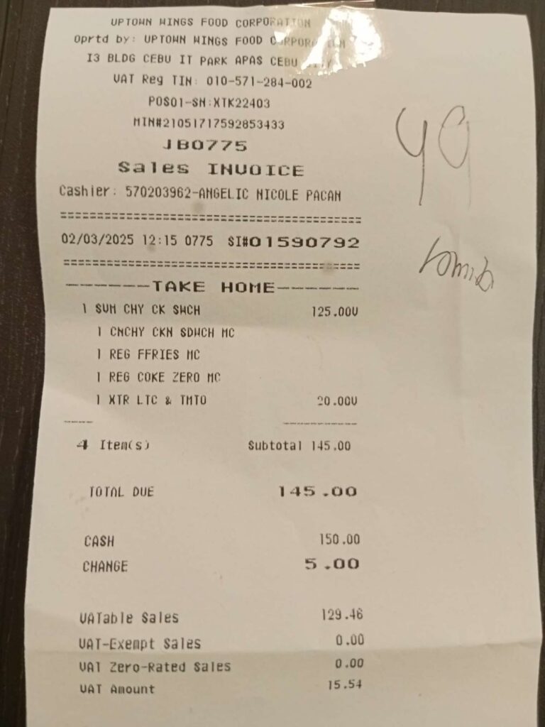 Sales Invoice of Jollibee Cebu IT Park of a take home order.