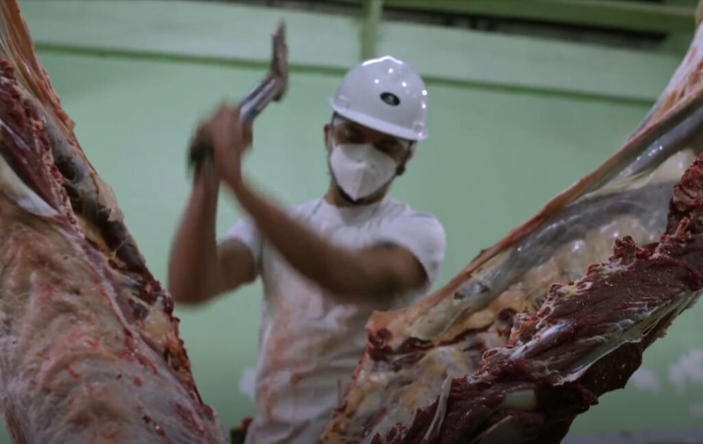 Low-angle close-up shot of a person wearing a white hard hat and a white face mask, using a large cleaver or hatchet to butcher a large side of raw meat. The scene appears to be in a commercial butchery or processing plant. The focus is on the action of the butcher and the raw meat.